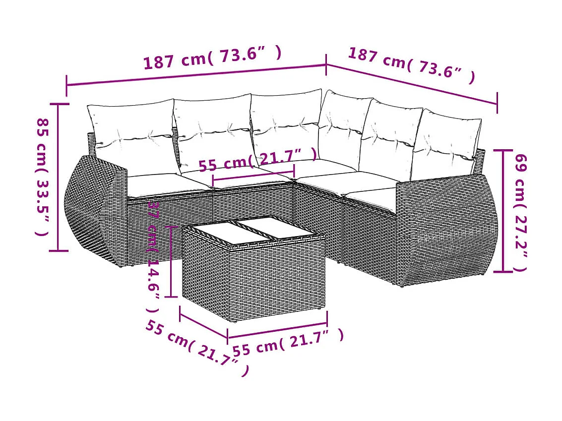 Salon de jardin 6 pcs avec coussins noir résine tressée