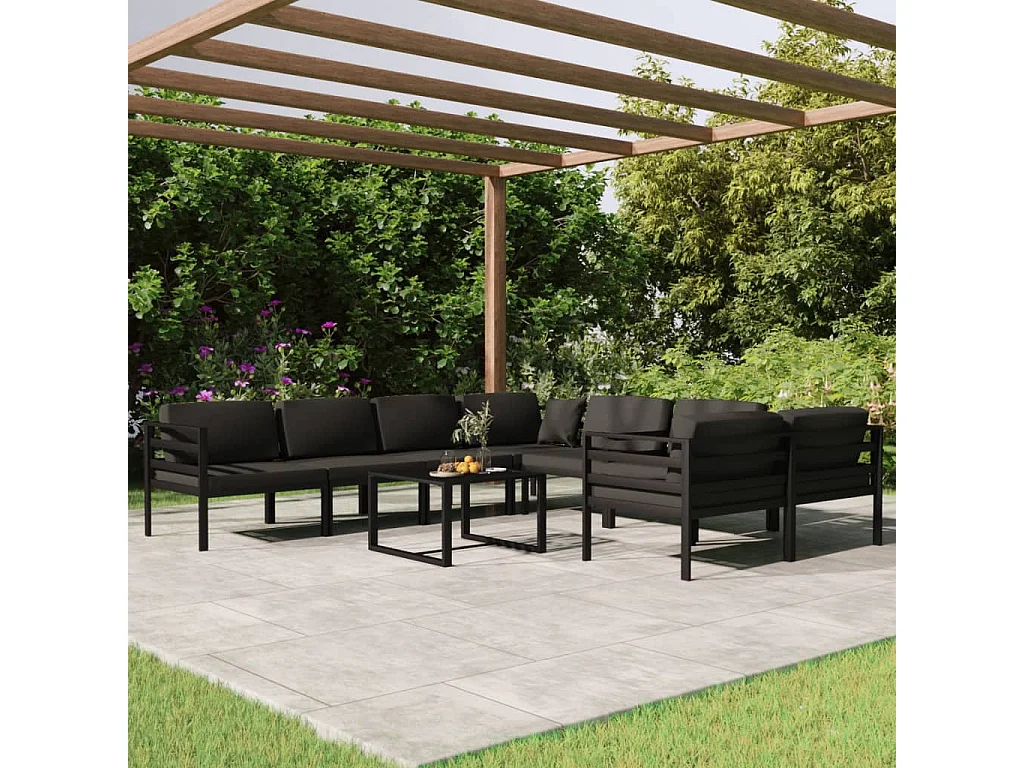 Set Divani da Giardino 9 pz con Cuscini in Alluminio Antracite