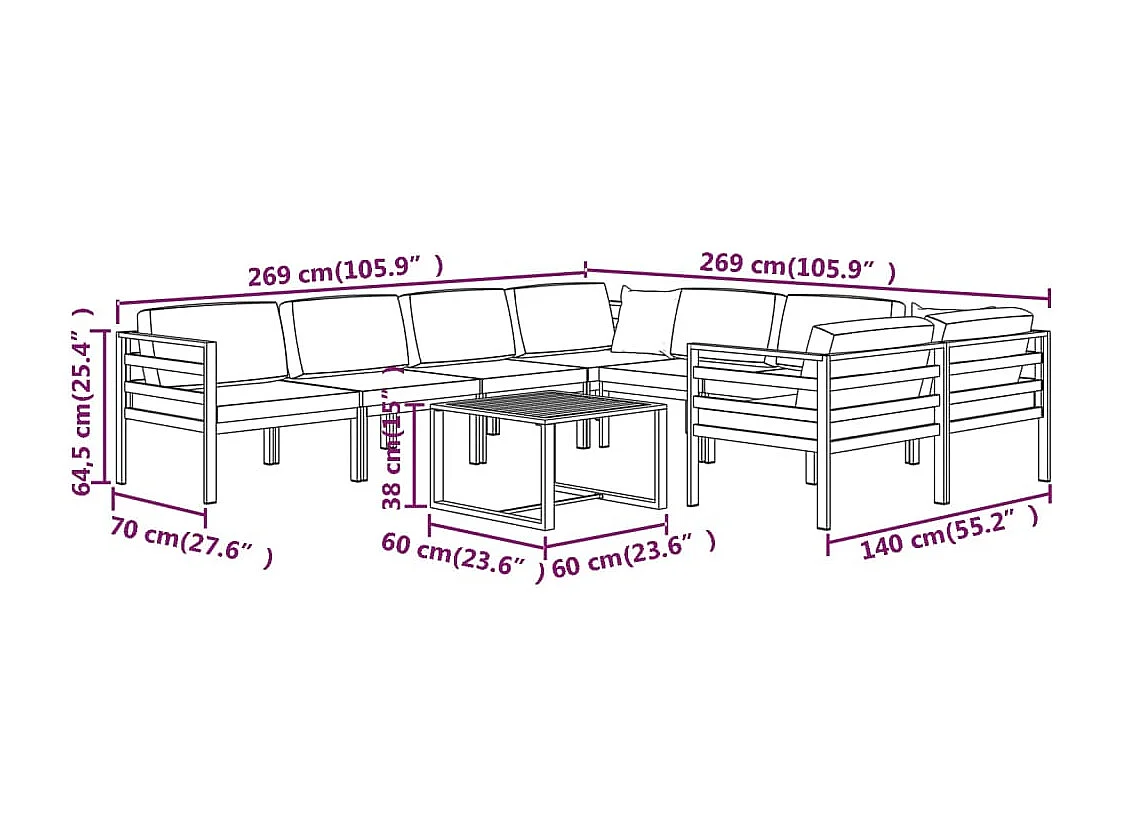 Salon de jardin 9 pcs avec coussins Aluminium Anthracite