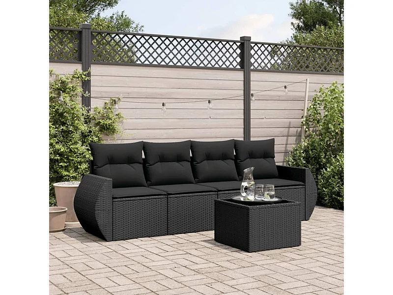 Salon de jardin 5 pcs avec coussins noir résine tressée