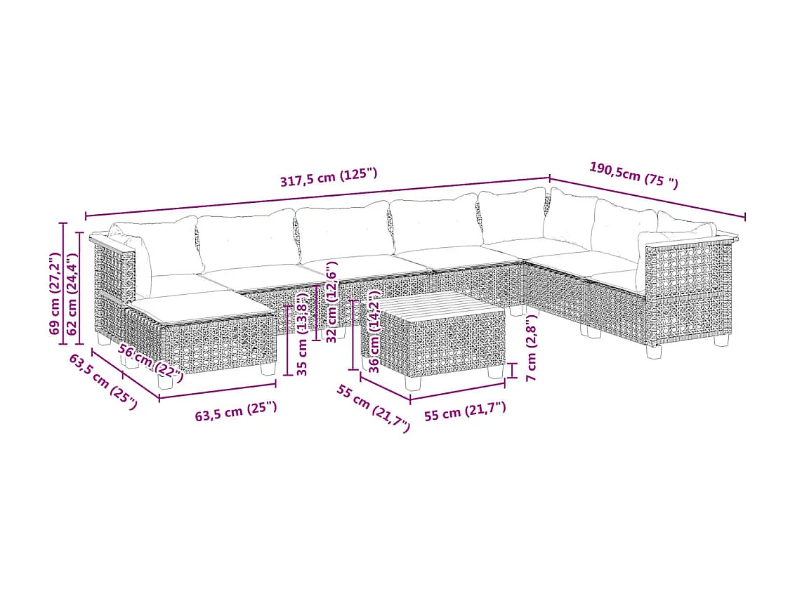 Set Divano da Giardino 9 pz con Cuscini Grigio in Polyrattan
