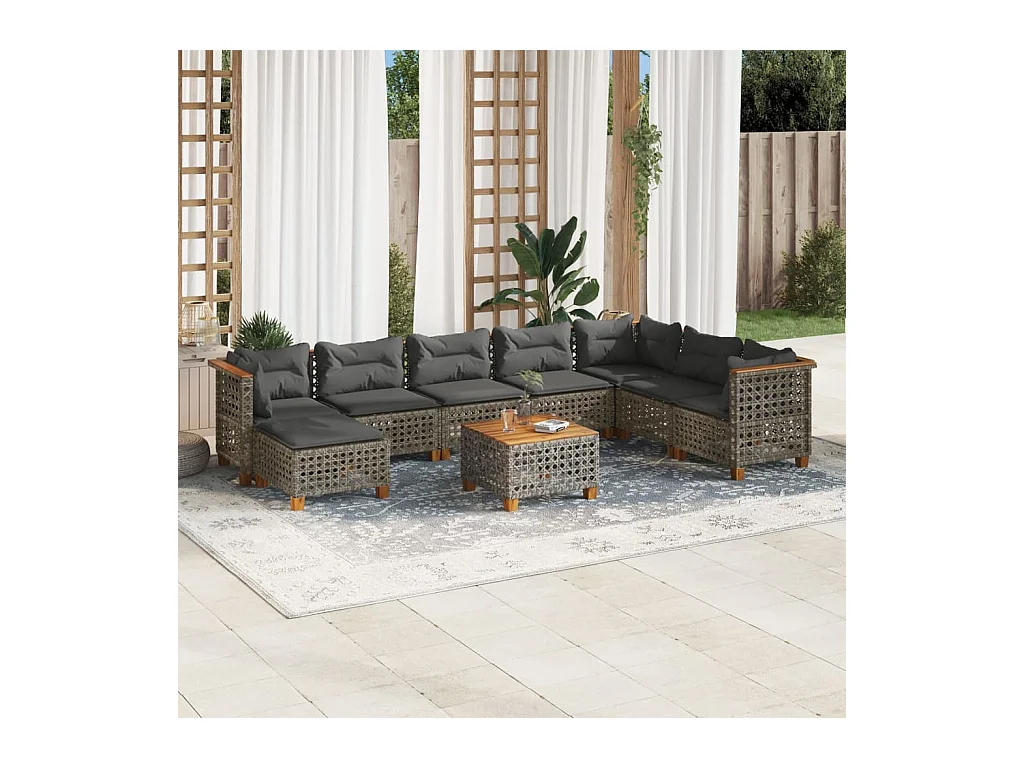 Salon de jardin 9 pcs avec coussins gris résine tressée