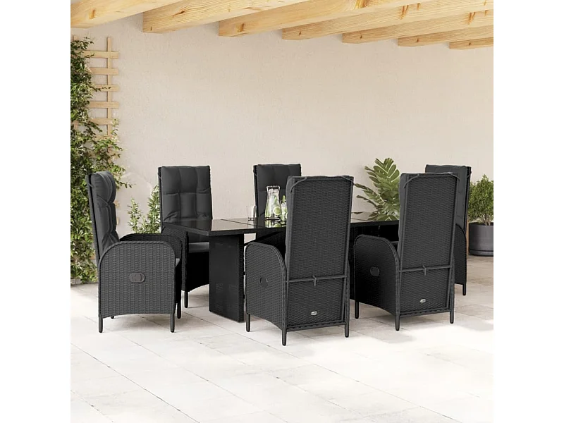 Set da Pranzo da Giardino 7 pz Nero con Cuscini in Polyrattan