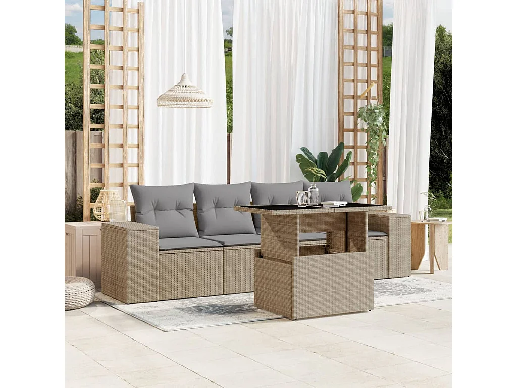 5 pcs conjunto de sofás p/ jardim com almofadões vime PE bege