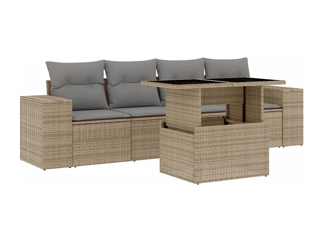 5 pcs conjunto de sofás p/ jardim com almofadões vime PE bege