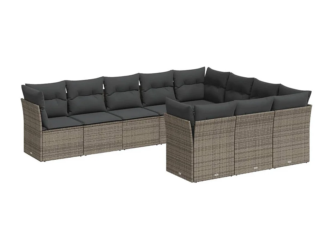 10-delige Loungeset met kussens poly rattan grijs