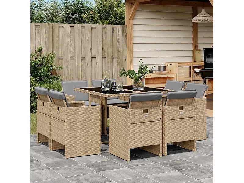 9-tlg. Garten-Essgruppe mit Kissen Beigemischung Poly Rattan