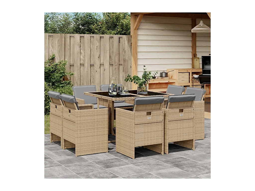 Ensemble à manger de jardin et coussins 9 pcs mélange beige