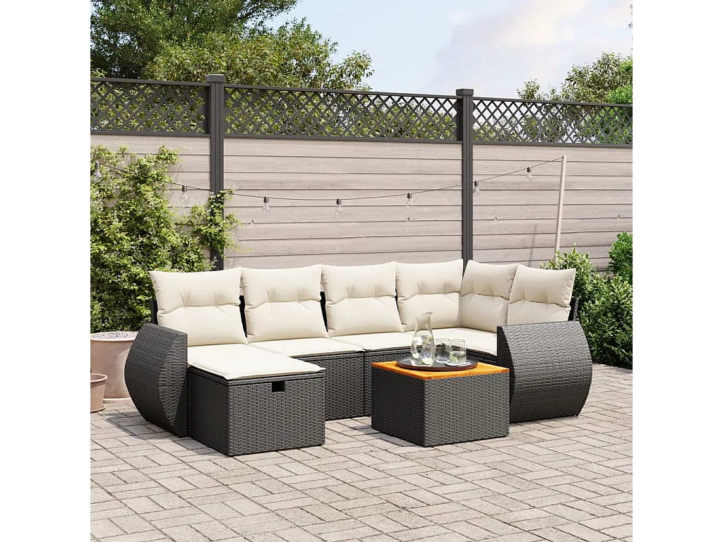 7 pcs conjunto de sofás p/ jardim c/ almofadões vime PE preto