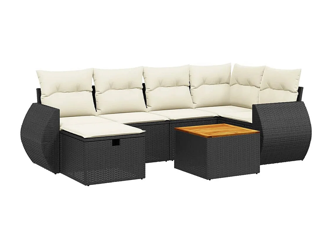 7 pcs conjunto de sofás p/ jardim c/ almofadões vime PE preto