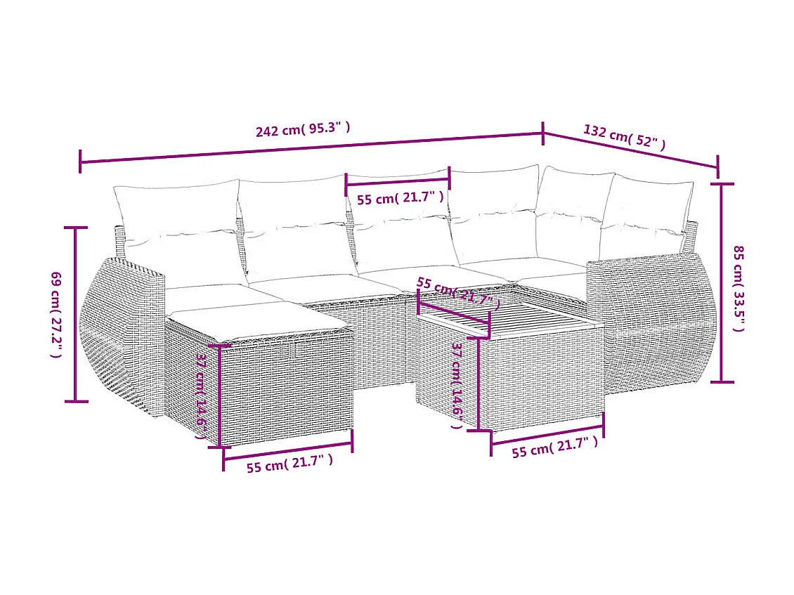 7 pcs conjunto de sofás p/ jardim c/ almofadões vime PE preto
