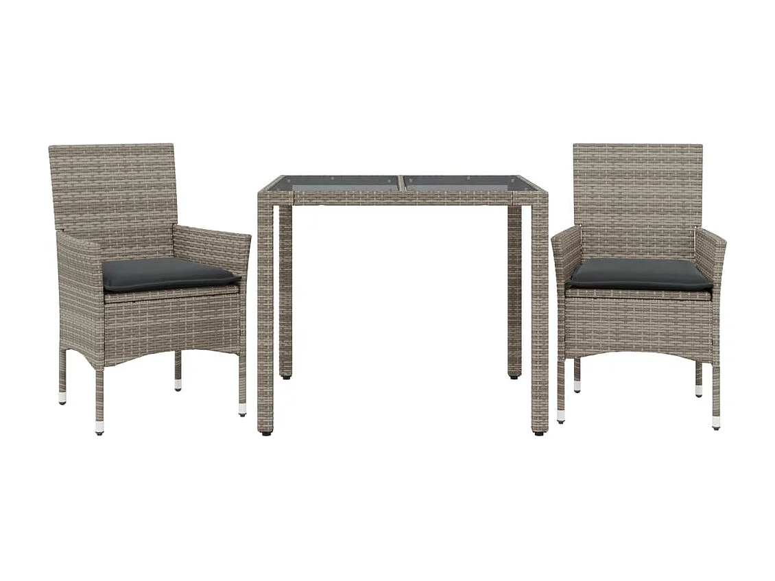 3 pcs conjunto jantar jardim c/ almofadões vime PE/vidro cinza