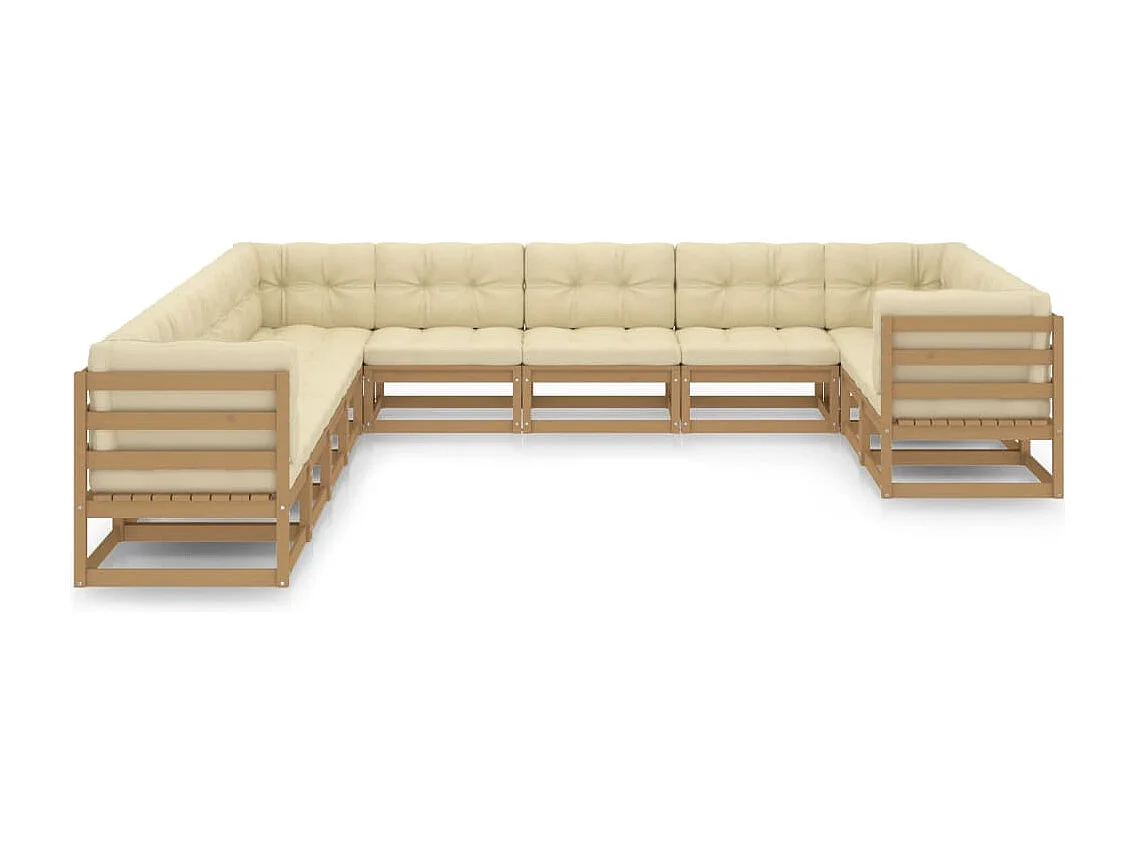 Salon de jardin 11 pcs avec coussins Marron miel Bois de pin