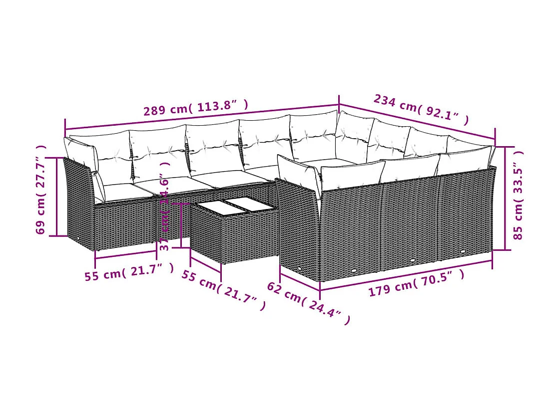 11 pcs conjunto sofás de jardim c/ almofadões vime PE preto