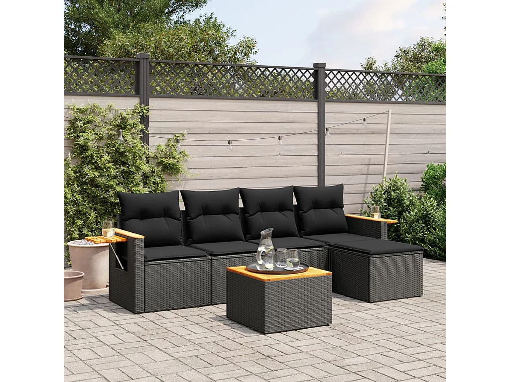 Salon de jardin 6 pcs avec coussins noir résine tressée