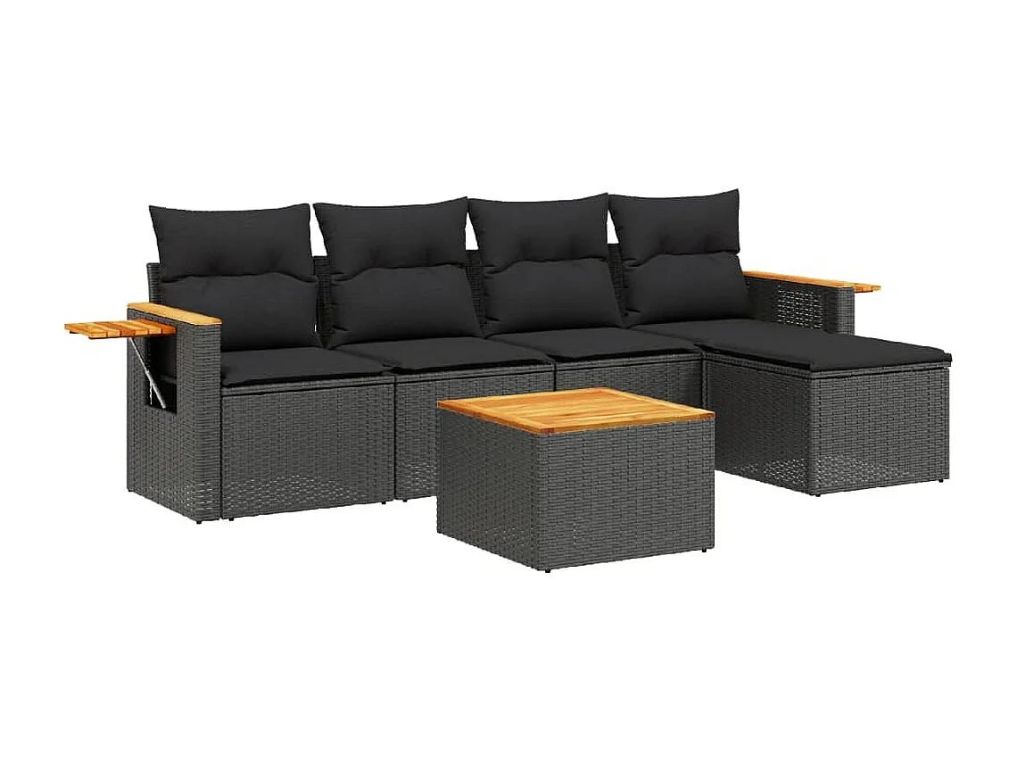 Salon de jardin 6 pcs avec coussins noir résine tressée