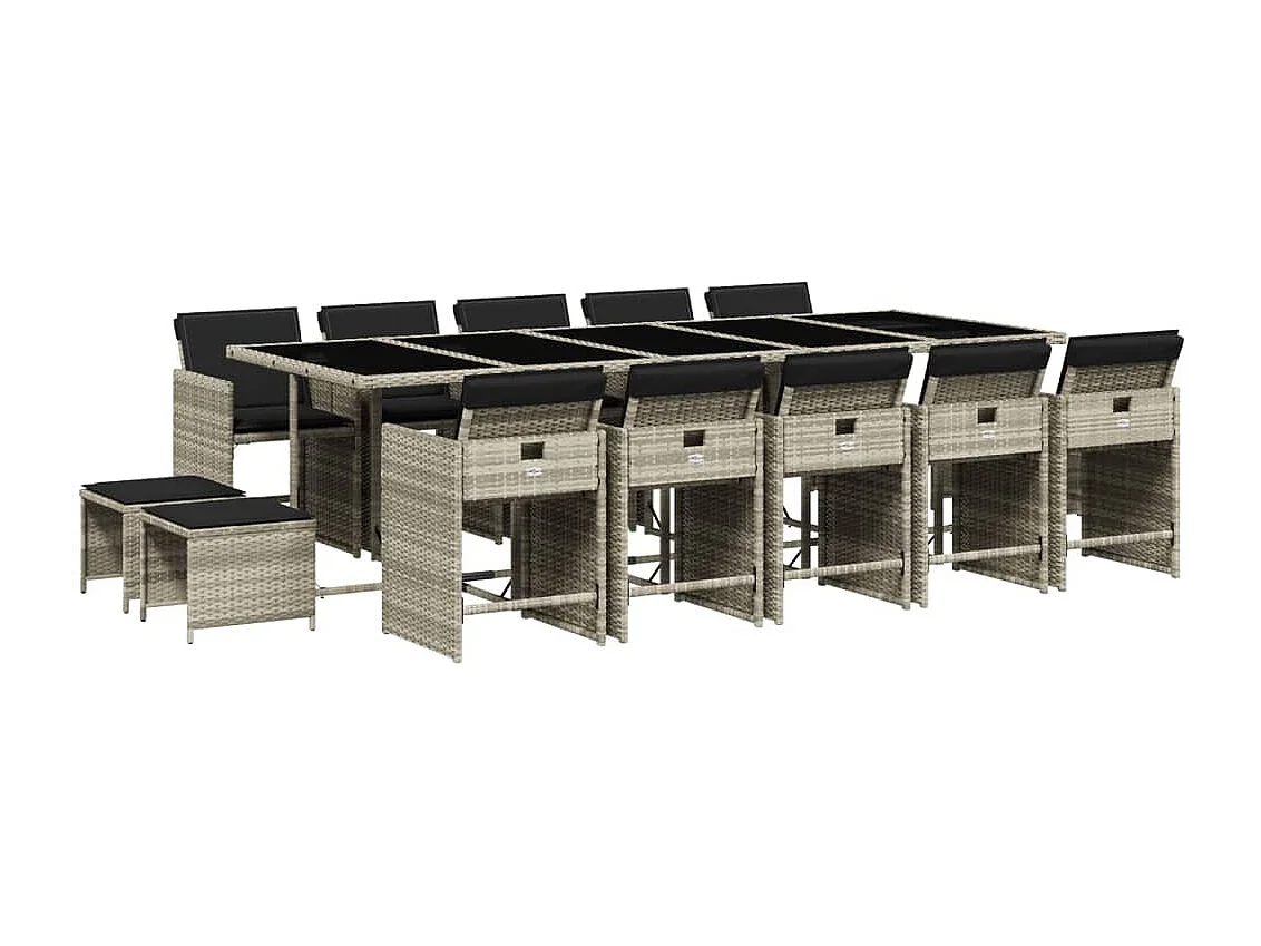 Ensemble à manger de jardin et coussins 15 pcs gris clair rotin