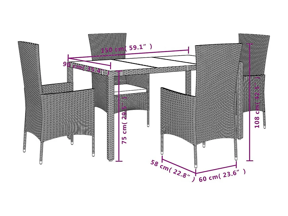 Set comedor de jardín 5 pzas con cojines ratán sintético beige
