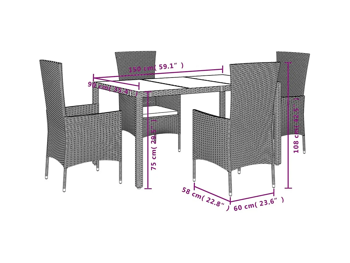 Ensemble à manger de jardin avec coussins 5pcs Beige poly rotin