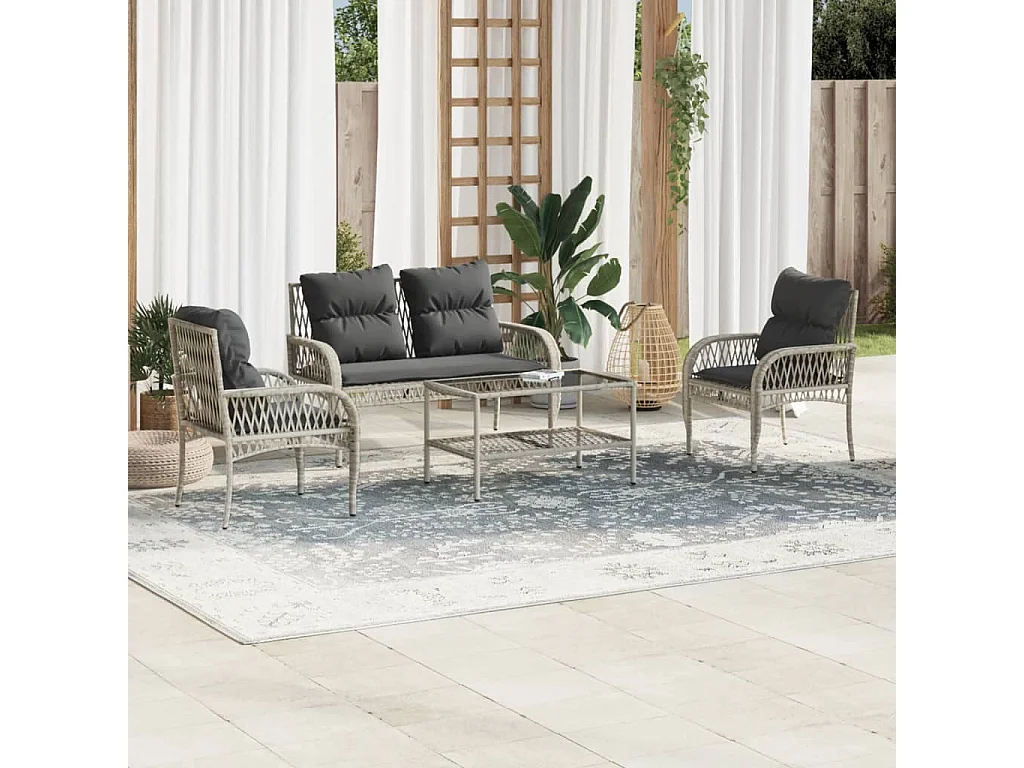 Salon de jardin 4 pcs avec coussins gris clair résine tressée