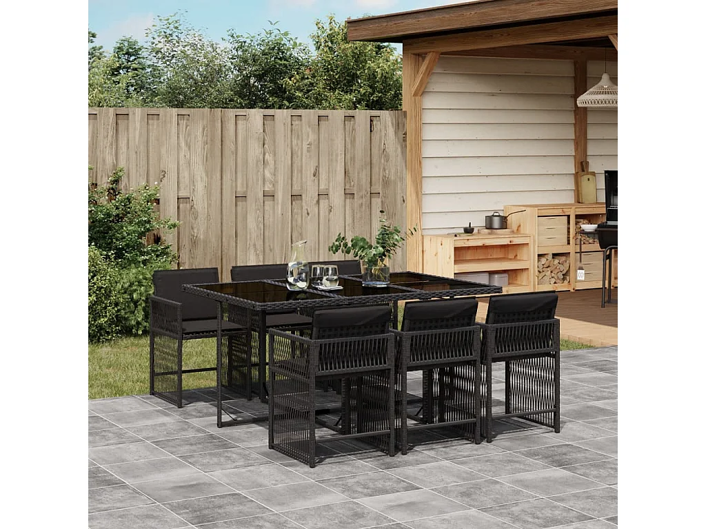 7 pcs conjunto de jantar p/ jardim c/ almofadões vime PE preto