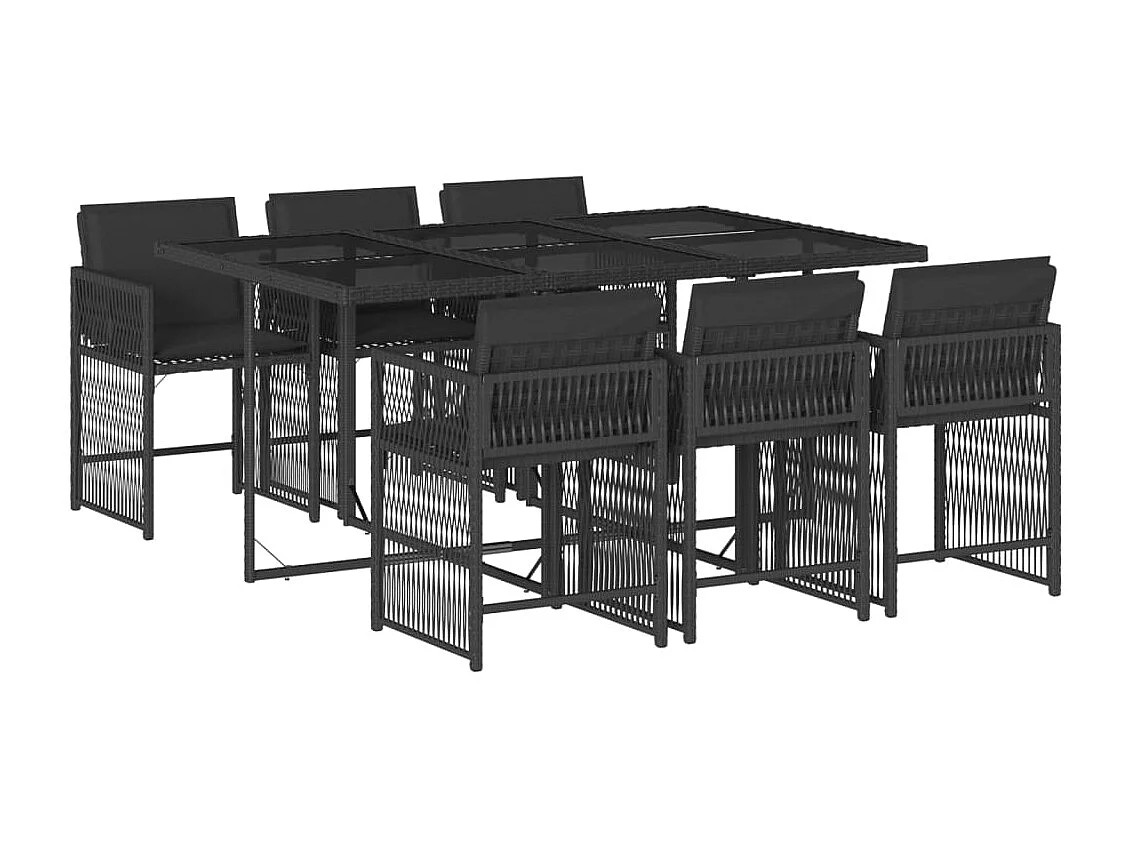 7 pcs conjunto de jantar p/ jardim c/ almofadões vime PE preto