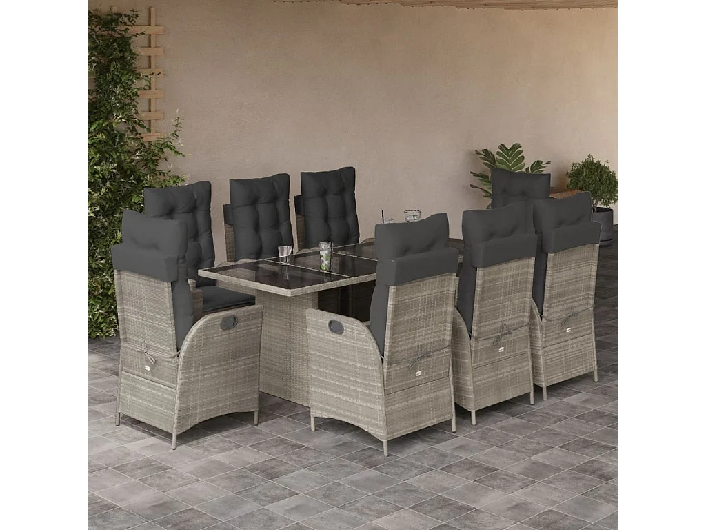 Set Pranzo da Giardino 9pz con Cuscini Grigio Chiaro Polyrattan