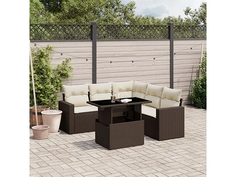 Salon de jardin avec coussins 6 pcs marron résine tressée