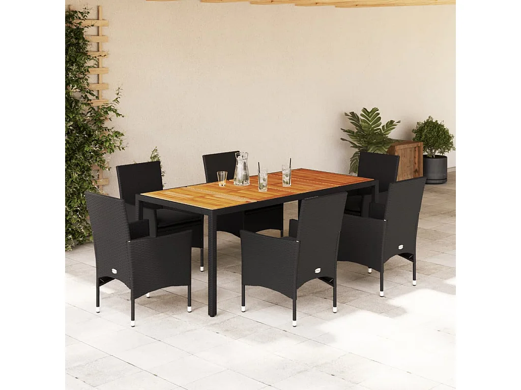 Ensemble à manger de jardin et coussins 7pcs noir rotin acacia