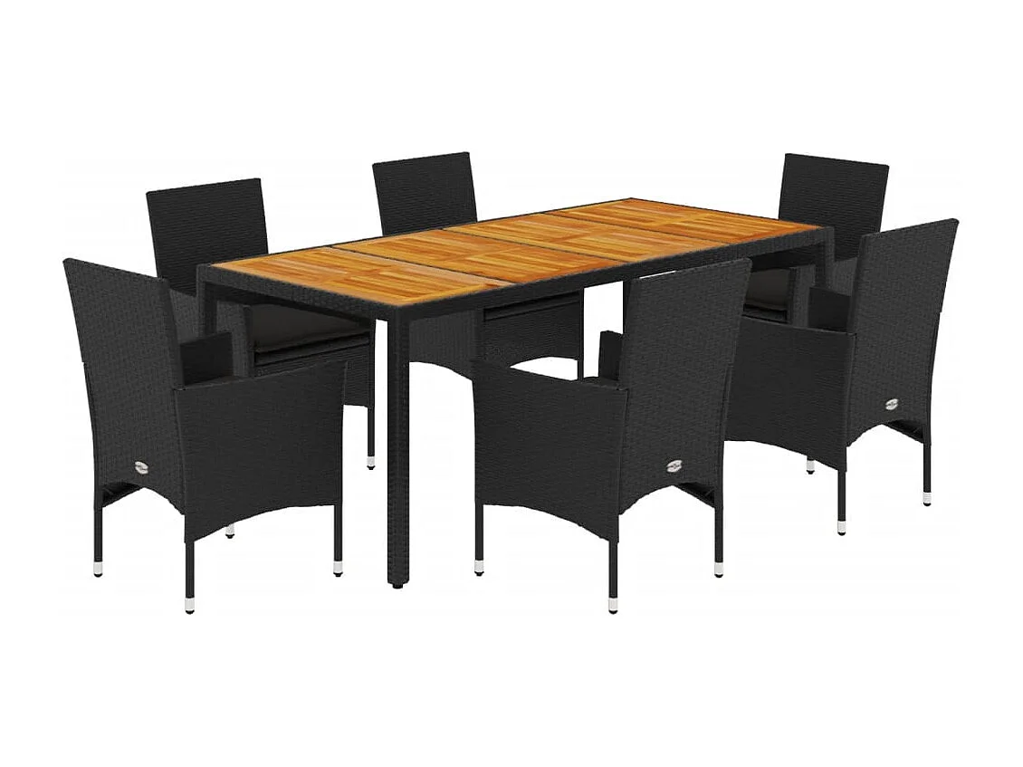 Ensemble à manger de jardin et coussins 7pcs noir rotin acacia