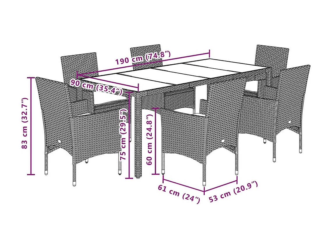 Ensemble à manger de jardin et coussins 7pcs noir rotin acacia