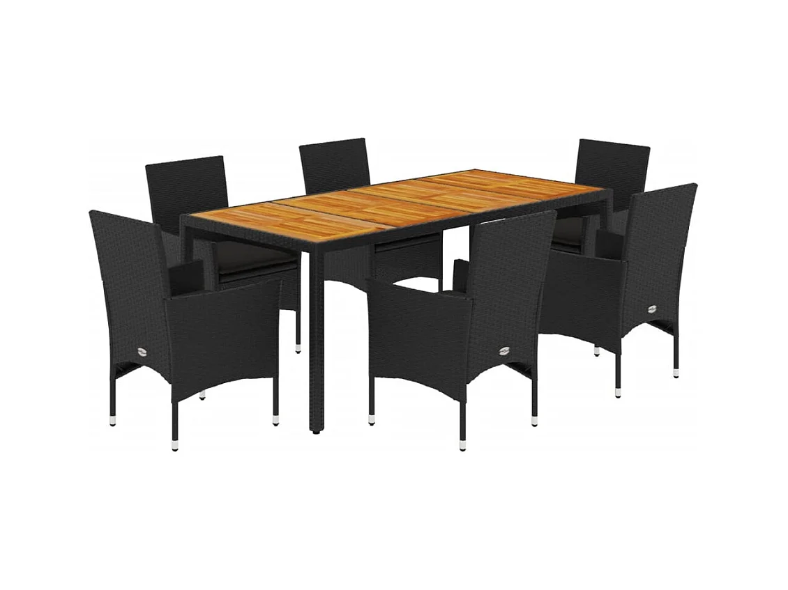 Ensemble à manger de jardin et coussins 7pcs noir rotin acacia