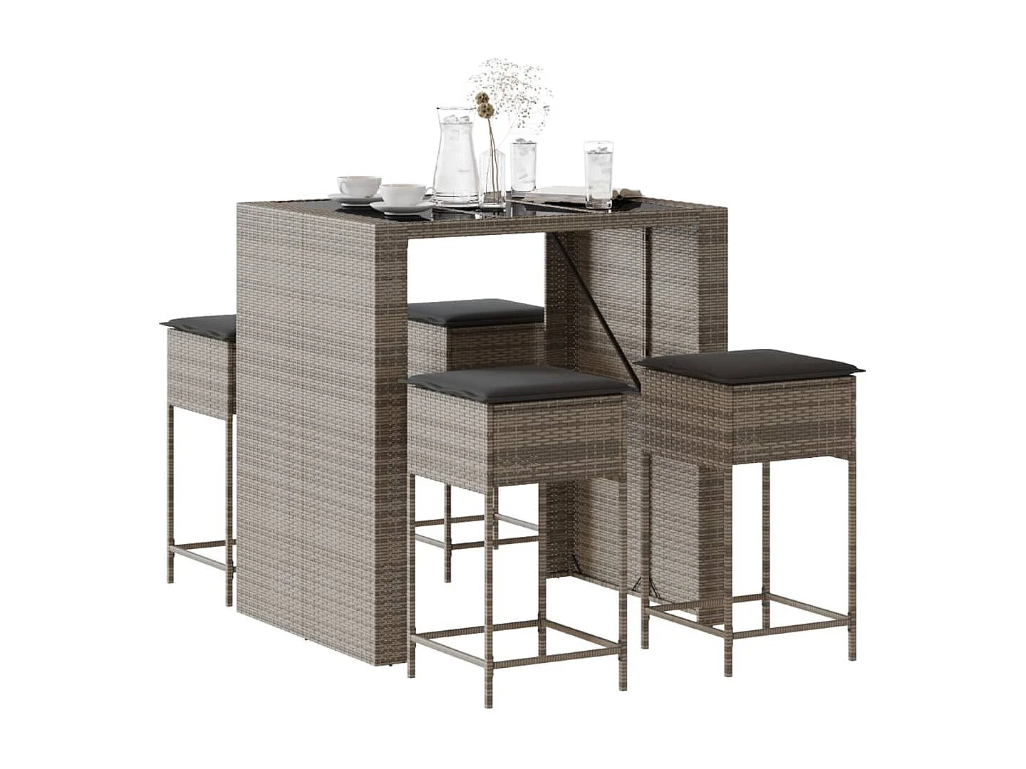 5-tlg. Gartenbar-Set mit Kissen Grau Poly Rattan