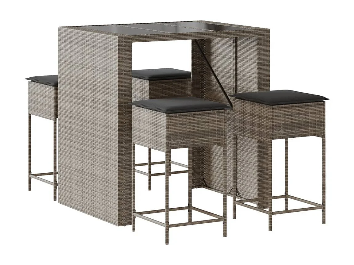 5-tlg. Gartenbar-Set mit Kissen Grau Poly Rattan