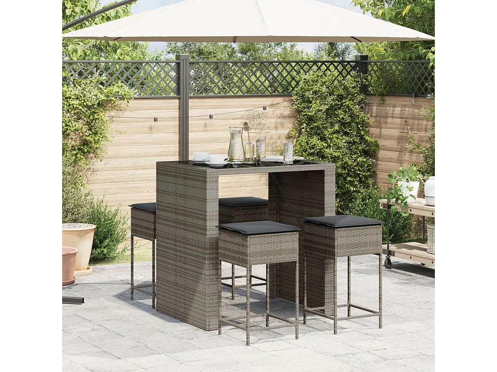 5-tlg. Gartenbar-Set mit Kissen Grau Poly Rattan