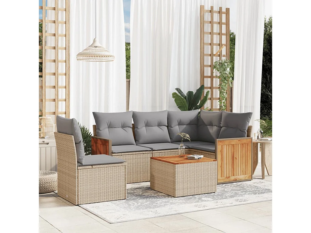 6 pcs conjunto de sofás p/ jardim com almofadões vime PE bege