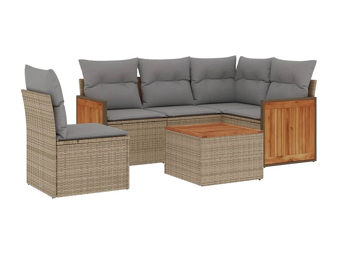 6 pcs conjunto de sofás p/ jardim com almofadões vime PE bege