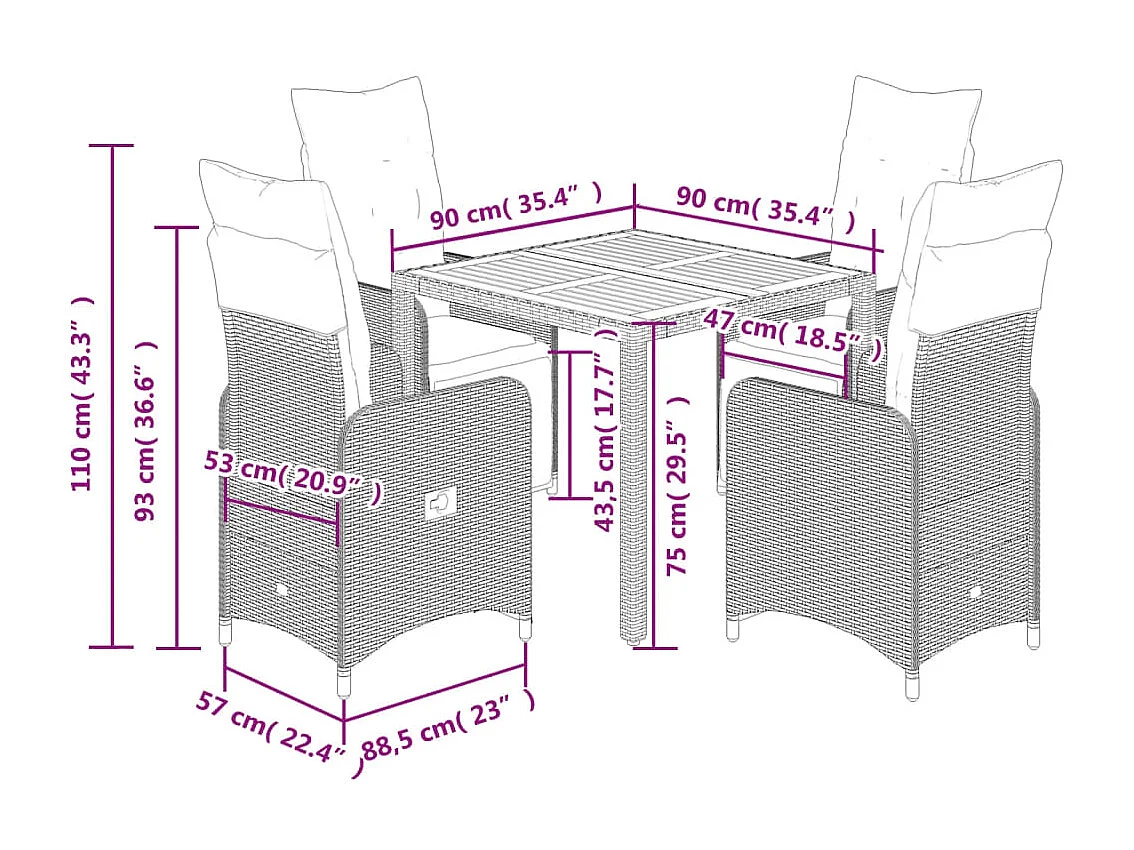 Set Bistrò da Giardino 5 pz con Cuscini in Polyrattan Nero