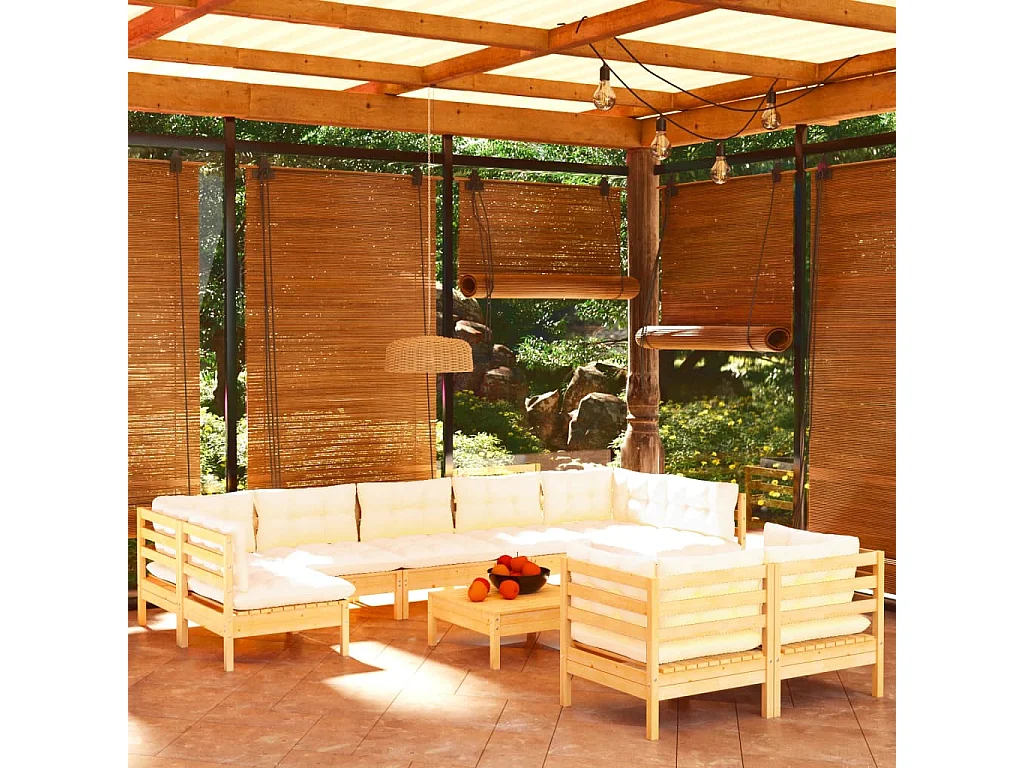 Set Divani da Giardino 10 pz con Cuscini Crema Massello di Pino
