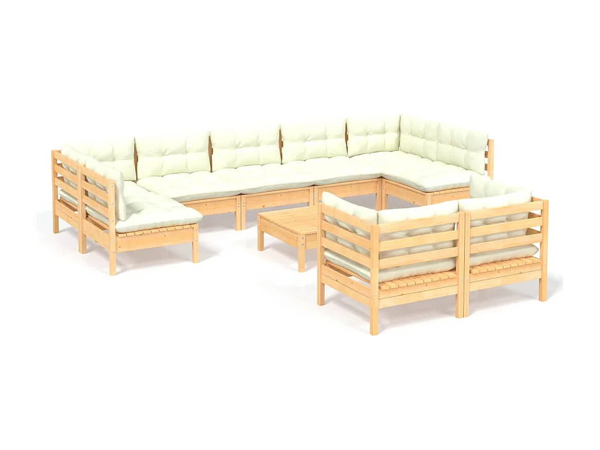 Set Divani da Giardino 10 pz con Cuscini Crema Massello di Pino