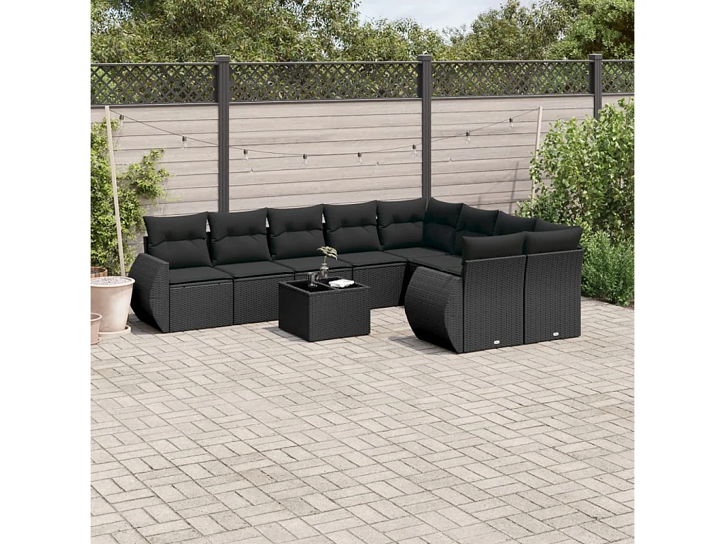 Salon de jardin 10 pcs avec coussins noir résine tressée