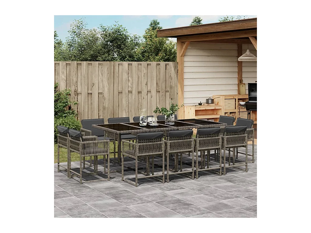 Ensemble à manger de jardin coussins 13 pcs gris résine tressée