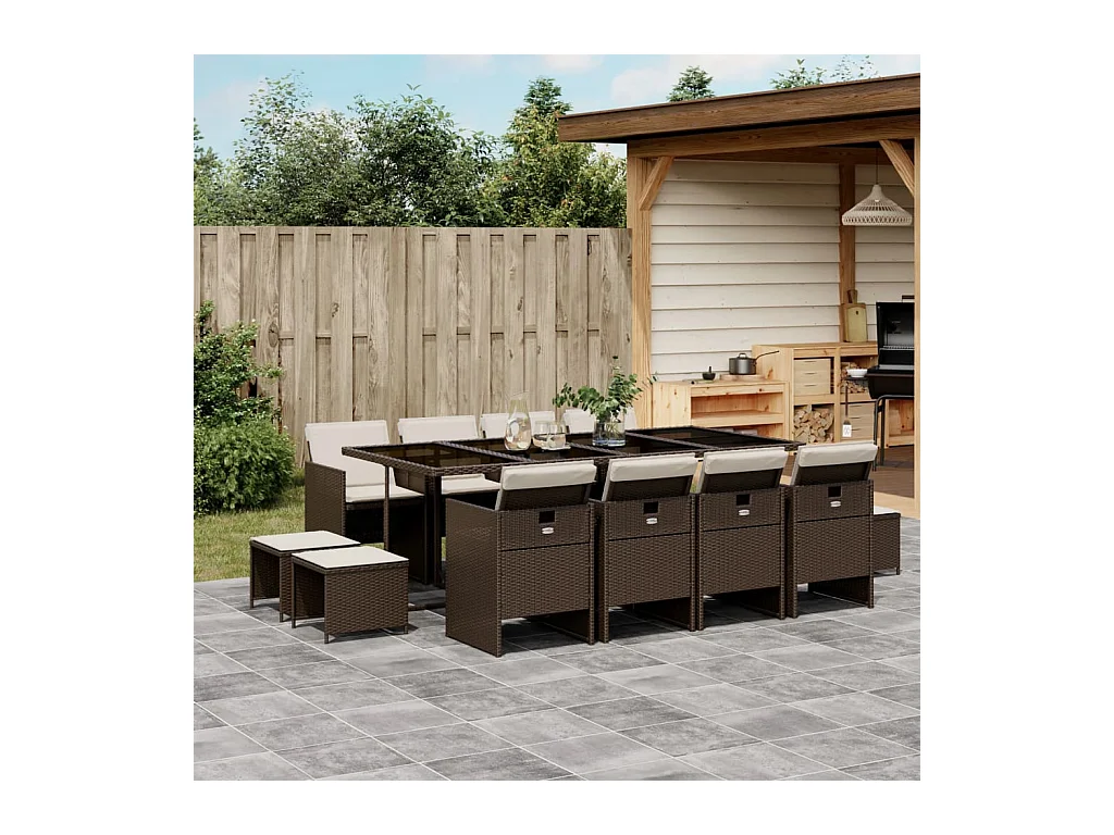 Ensemble à manger de jardin avec coussins 13 pcs marron rotin