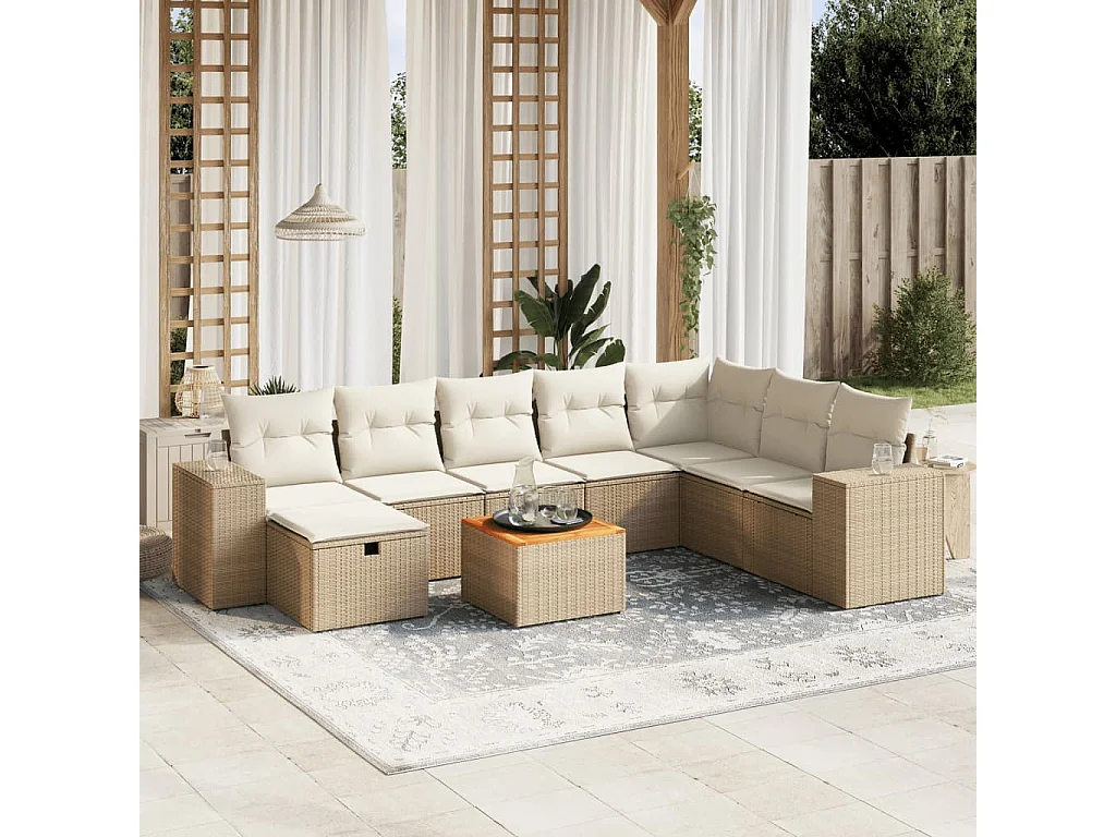 Salon de jardin avec coussins 9 pcs beige résine tressée