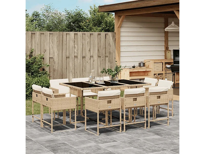Set da Pranzo da Giardino 11 pz con Cuscini Beige in Polyrattan
