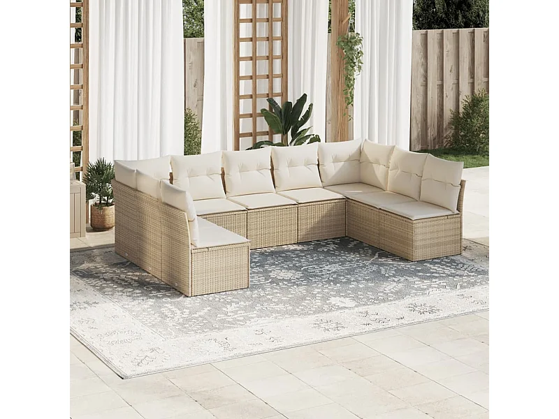 Salon de jardin avec coussins 9 pcs beige résine tressée