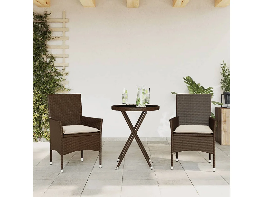 Ensemble de bistro avec coussins 3 pcs marron rotin et verre