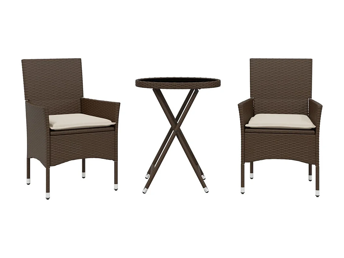 Ensemble de bistro avec coussins 3 pcs marron rotin et verre