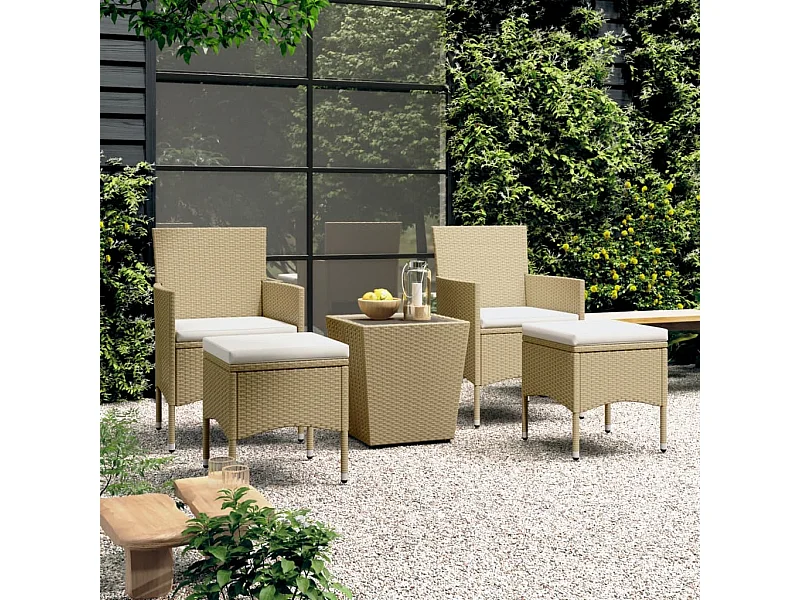 Ensemble de bistro 5 pcs Résine tressée et verre trempé Beige