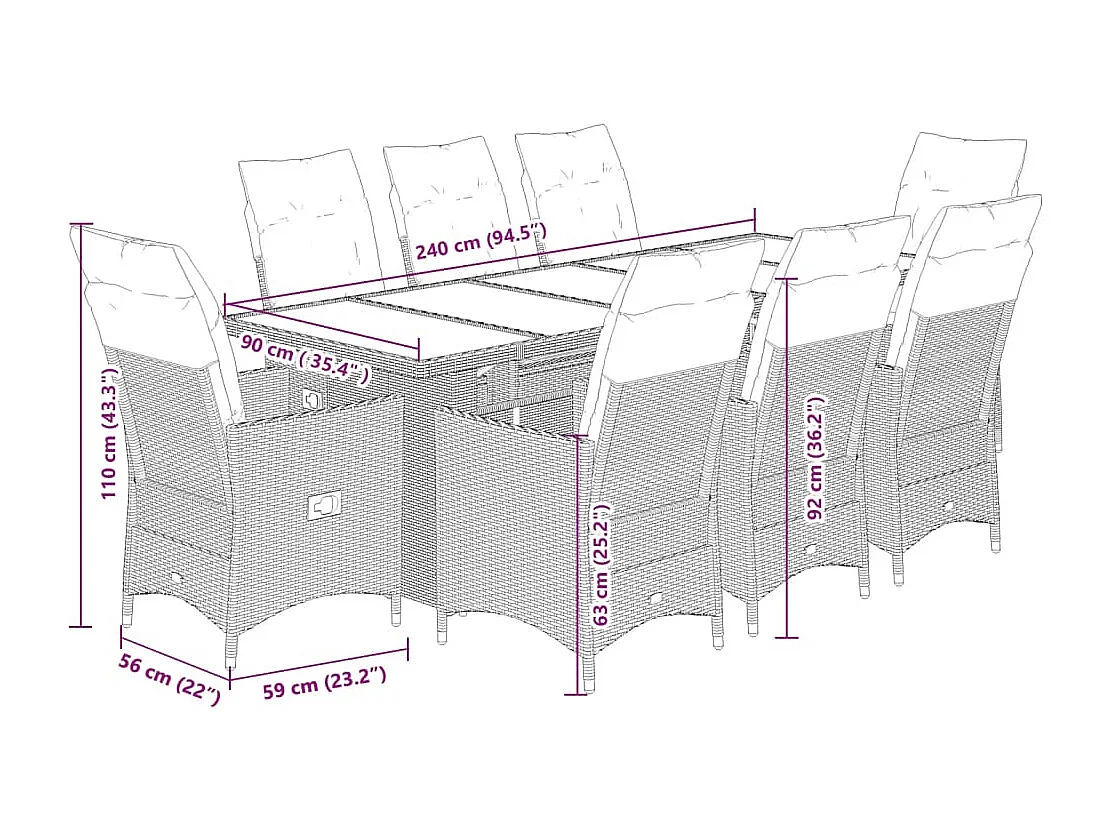 Ensemble de bistro de jardin 9 pcs coussins noir poly rotin